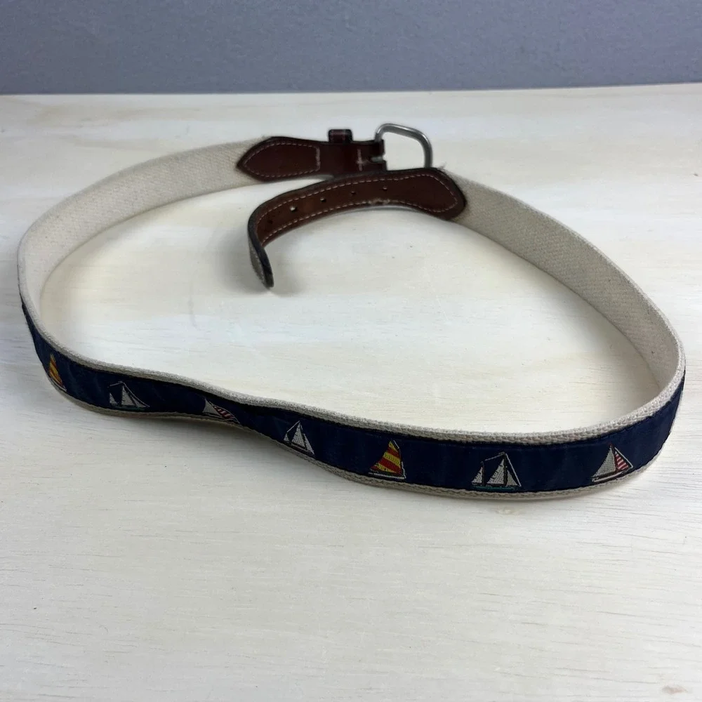 Nautical Sailboat Canvas Leather Belt Navy Solid Brass Buckle Size 34 preppy